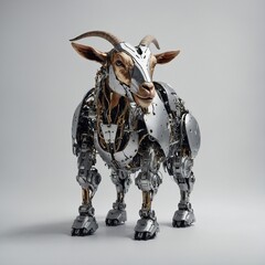 A robotic goat with metallic features, rendered against a white background.