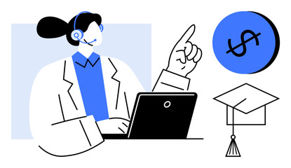 Person in headset using laptop, with pointing gesture, dollar sign icon, and graduation cap. Ideal for online learning, virtual tutoring, financial planning, remote education, academic success