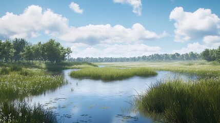 Fototapeta premium Serene landscape with a river, grass, and trees under a blue sky.