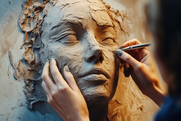 A sculptor meticulously crafts a clay bust, adding fine details to the face with precision.