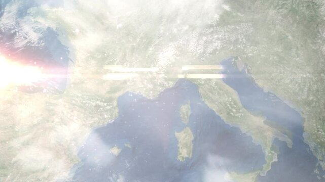 Earth zoom in from space and focus on Antibes, France. Background for travel blog or intro. Satellite view. 3D style animation. Images from NASA.