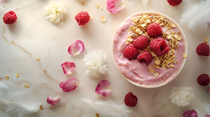Delicious raspberry yogurt parfait with granola and fresh flowers. Perfect healthy breakfast or snack!
