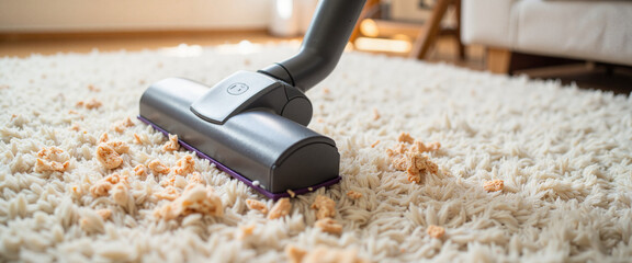 Vacuum cleaner head in action sucking debris on carpet, cleanliness concept