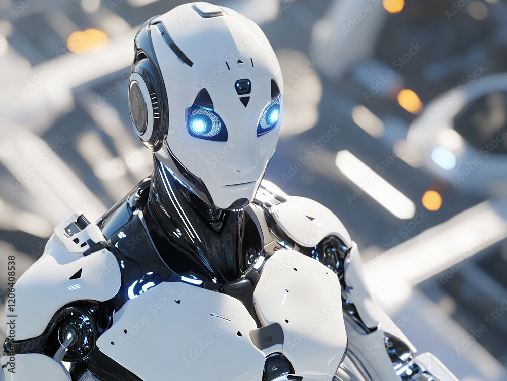 Poster Advanced humanoid robot stands in futuristic environment showcasing intricate design and glowing features amid a high-tech cityscape