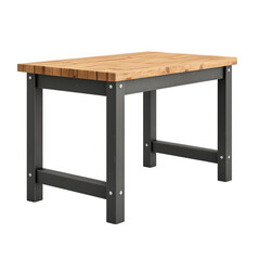 A sturdy wooden table with a natural finish and robust gray legs, ideal for dining or workspace use, Transparent Background.