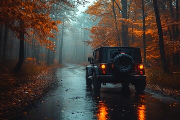 Scenic autumn forest road  rugged off road vehicle navigating a rainy, reflective landscape