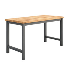 A wooden table with a light-colored top and a sturdy gray frame, designed for versatility and durability in various settings, Transparent Background.