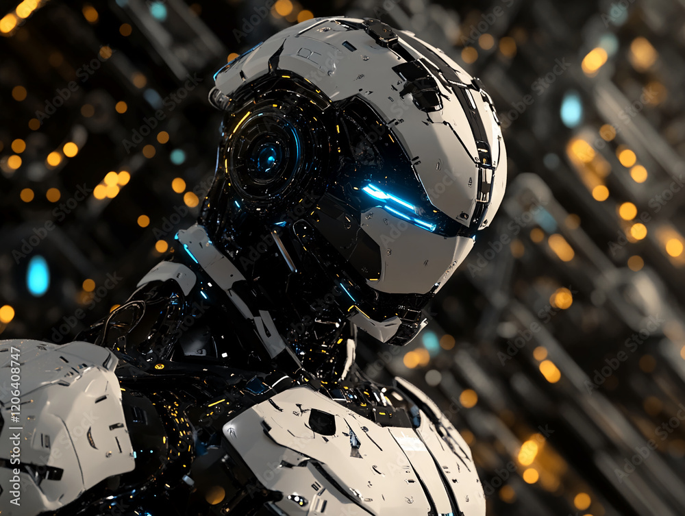 Aufkleber intricate futuristic robot design with glowing blue accents set against a high-tech background
