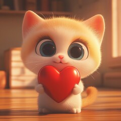 Fototapeta premium Cute kitten holding a heart-shaped object in a cozy indoor setting during the day