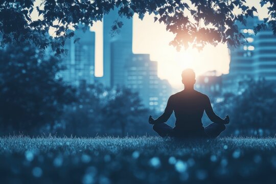 Silhouette of a man meditating in lotus position at sunset, city backdrop.