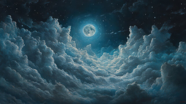 A painting of celestial clouds in a night sky, illuminated by ethereal moonlight in silvery whites and icy blues, with faint stars sparkling through gaps in the clouds. The scene feels otherworldly an