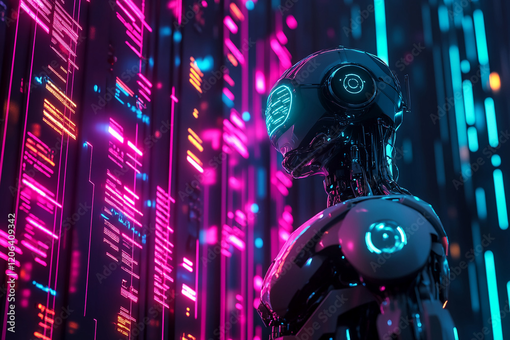 Poster Futuristic robot exploring a neon-lit virtual environment with vibrant colors and digital patterns at night