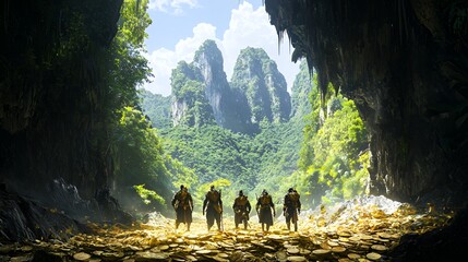 Warriors Emerging from a Golden Cave in Lush Mountains