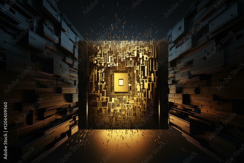 Fototapete Golden quantum computing processor is sending data through futuristic circuitry, creating a powerful visual representation of advanced technology