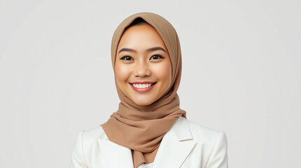 Professional Portrait of Asian Muslim woman, Malaysian, indonesian, thailand, japanese, brunei wearing formal white suit smiling on a white background