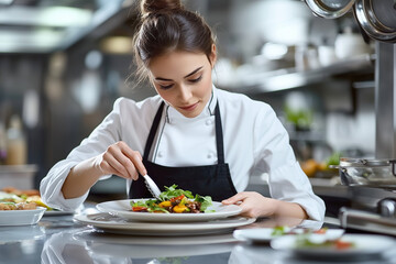 Female chef decorating plates in a professional culinary kitchen