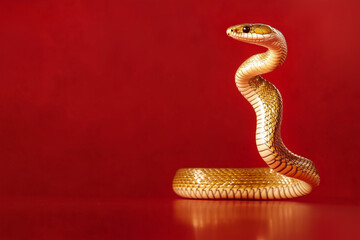 Obraz premium 3D gold snake on red background, Chinese New Year concept