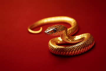 Obraz premium 3D gold snake on red background, Chinese New Year concept