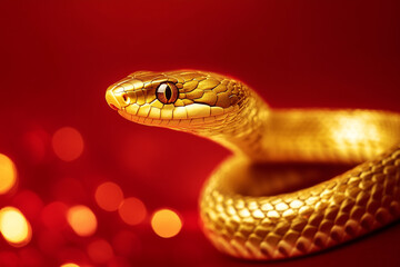 Obraz premium 3D gold snake on red background, Chinese New Year concept