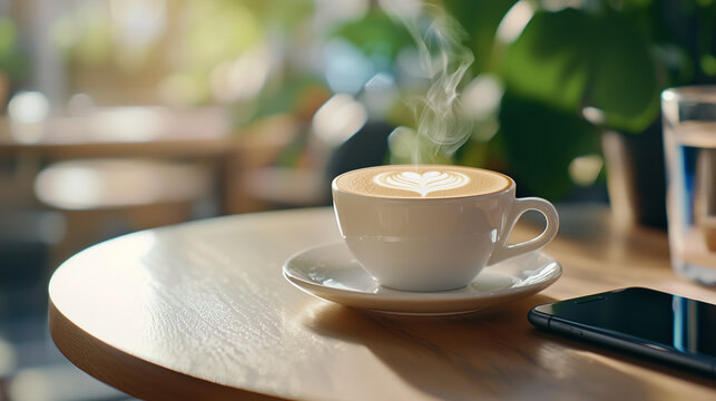 Close Up of Cappuccino with Latte Art on Wooden Table in Cafe - Powered by Adobe