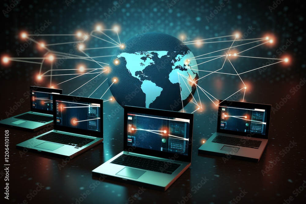 Poster laptops are connecting to a global network, sharing data and information in a futuristic technologic