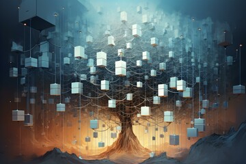 Surreal tree supports numerous hanging cubes, creating a mystical and otherworldly atmosphere in a digitally generated landscape