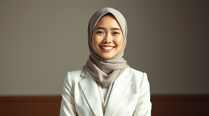 Professional Portrait of Asian Muslim woman, Malaysian, indonesian, thailand, japanese, brunei wearing formal white suit smiling