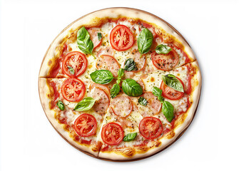 Traditional Italian Margherita pizza with fresh tomato slices and basil toppings