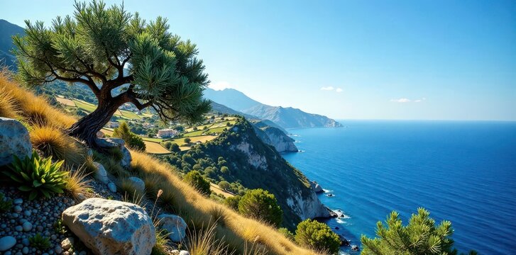Olive grove on a cliffside with blue sky and sea, majestic, sea