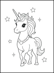 Illustration of a cute baby unicorn cartoon character. Black and white Printable Unicorn coloring page for kids.