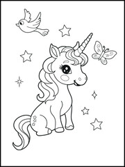 Illustration of a cute baby unicorn cartoon character. Black and white Printable Unicorn coloring page for kids.