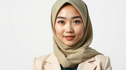 Professional Portrait of Asian Muslim woman, Malaysian, indonesian, thailand, japanese, brunei wearing formal cream suit smiling confident