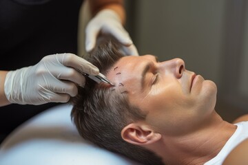 Fototapeta premium Doctor using tweezers is preparing man for hair transplant surgery