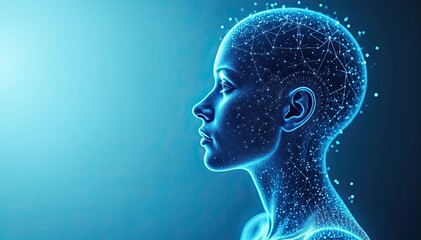 Obraz premium Abstract profile of a woman's head, composed of interconnected nodes and lines, suggesting neural networks or digital connectivity. A futuristic, technological representation of the human mind.