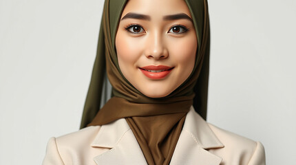 Professional Portrait of Asian Muslim woman, Malaysian, indonesian, thailand, japanese, brunei wearing formal cream suit smiling confident
