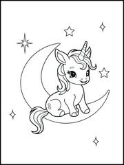 Illustration of a cute baby unicorn cartoon character. Black and white Printable Unicorn coloring page for kids.