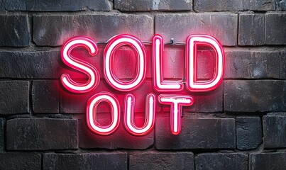 Fototapeta premium Bright neon sold out sign against dark brick wall