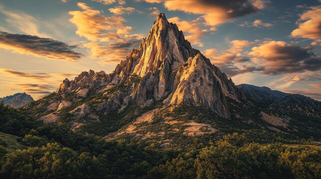 A dreamy sunrise over jagged mountain peaks with pastel clouds and lush green foreground trees
