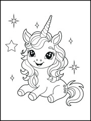 Illustration of a cute baby unicorn cartoon character. Black and white Printable Unicorn coloring page for kids.