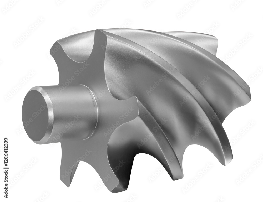 Poster Silver gear with a pointed end and a spiral shape. The spiral shape is very sharp and the gear is very shiny. Worm gear isolated on white background
