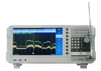 Measuring oscilloscope with screen and remote control. The device is a radio. The radio is on and displays a graph.