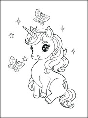 Illustration of a cute baby unicorn cartoon character. Black and white Printable Unicorn coloring page for kids. © laky