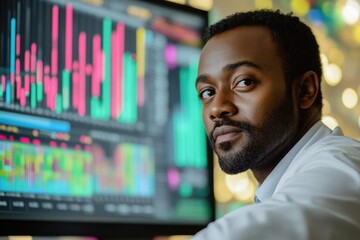 Fototapeta premium A focused Black man analyzes stock market data on a computer screen, showcasing his expertise in finance.