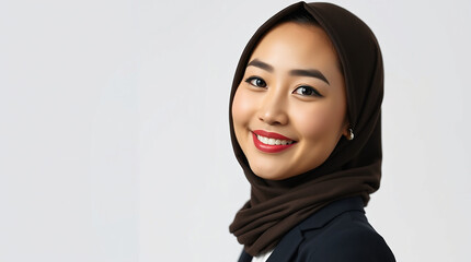 Professional Portrait of Asian Muslim woman, Malaysian, indonesian, thailand, japanese, brunei in a black hijab and formal black suit smiling confidently with a clean white background