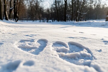A heart-shaped engraving on a blanket of pristine snow is captured as the golden sunlight breaks through the trees, symbolizing love and warmth amid the chill of winter.
