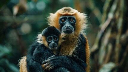 close up image of forest Monkey mother with child in forest