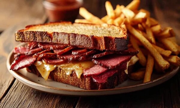 Delicious Rueben Corned Beef Sandwich with French Fries on a Wooden Table