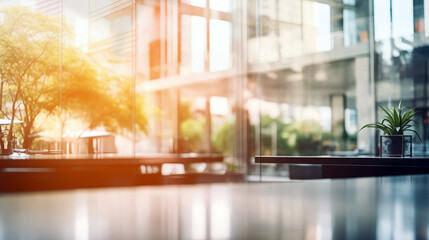 Bright and airy cafe setting showcasing glass walls, tables, and natural plants under warm afternoon light, creating a welcoming atmosphere - Generative AI