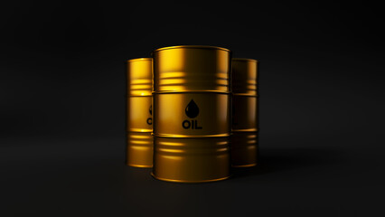 Three gold metal oil barrels on black background. Front view. Oil industry concept. 3d render illustration