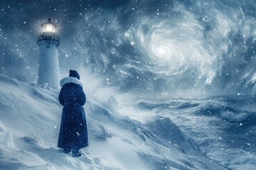 A lone figure in a hooded coat stands before a swirling cosmic vortex, near a lighthouse during a blizzard.